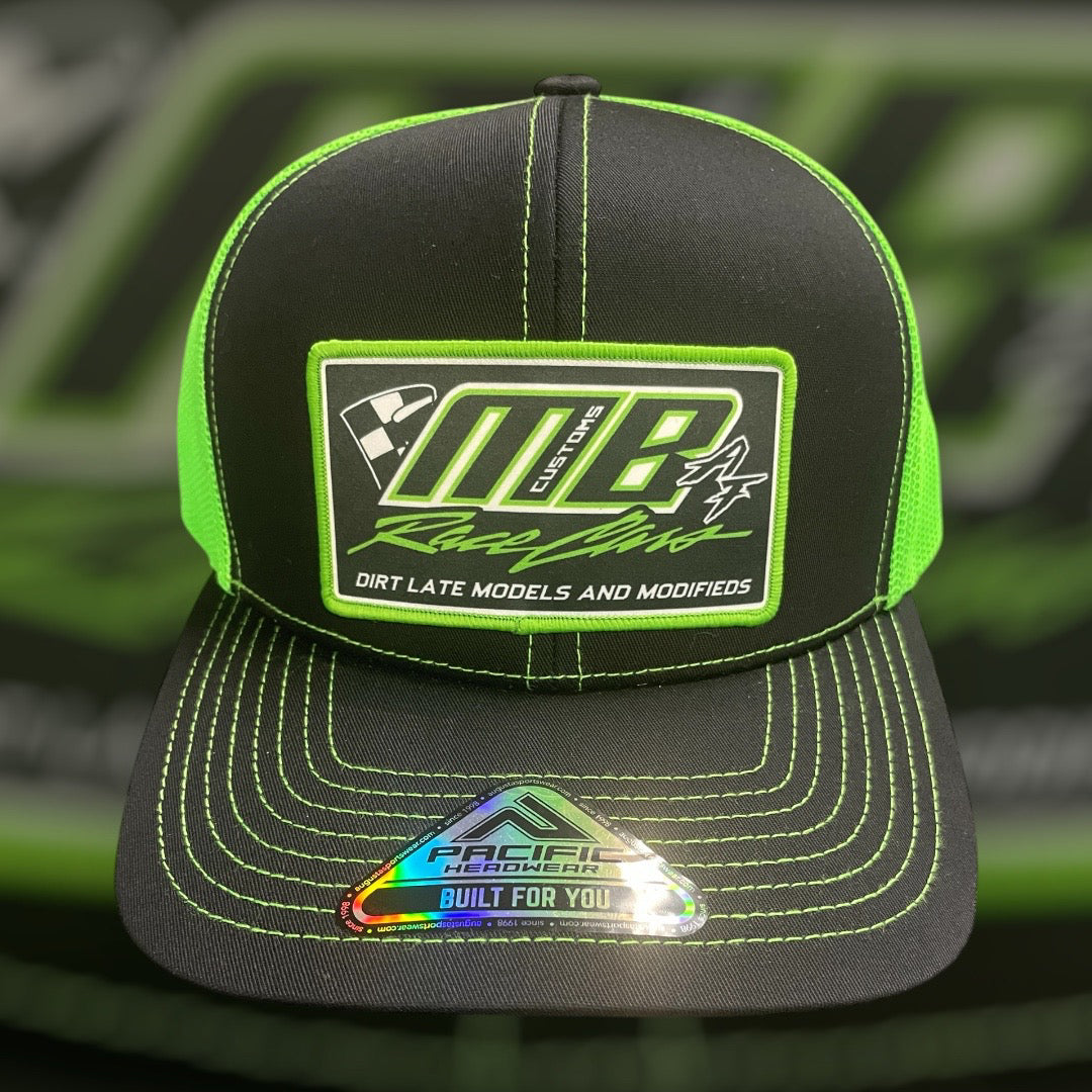 H2501CGGR - Charcoal Gray / Green Mesh MB Customs AJ Rectangle Patch Snapback Hat