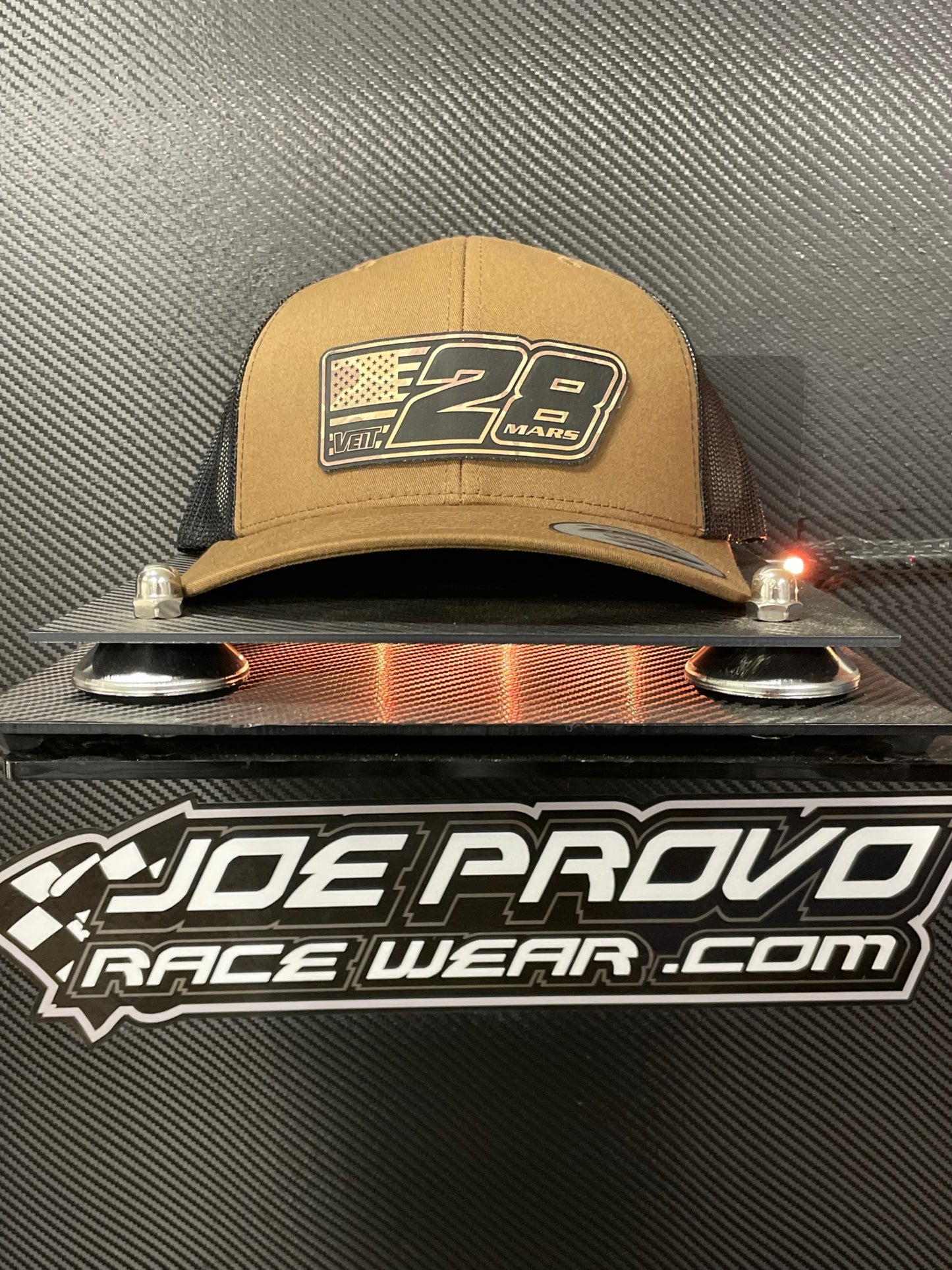 H2404CB - Coffee / Black Mesh #28 Camo Flag Snapback Hat